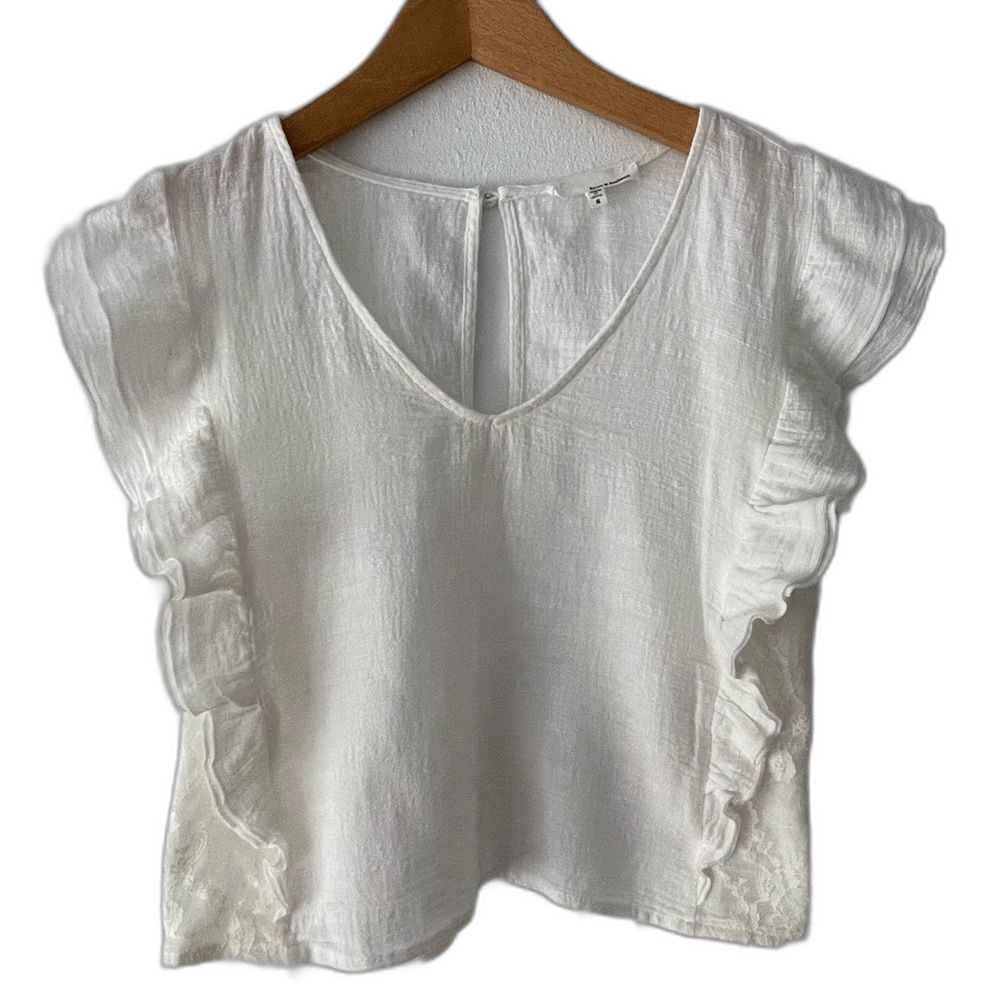 June & Hudson White Ruffle Sleeves Top W/ Lace, Size S - Picture 1 of 8